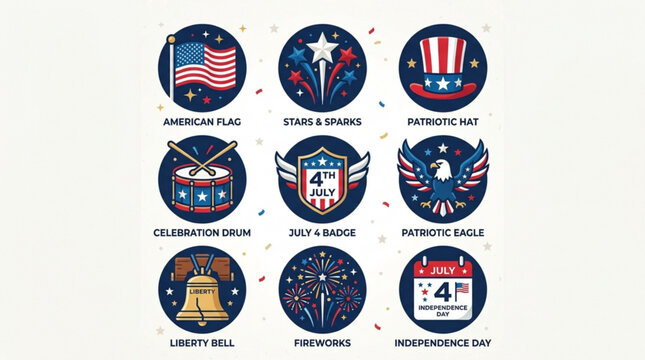 Independence day icons set including american flag fireworks patriotic hat and eagle on white background with confetti
