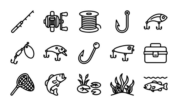 Fishing Icons Set: Rod, Reel, Lures, Hooks, Net, Tackle Box, Fish, Plants, Water