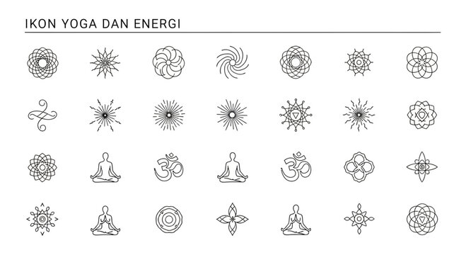 Collection of Yoga and Energy Icons: Meditating Figures, Om Symbol, Mandalas