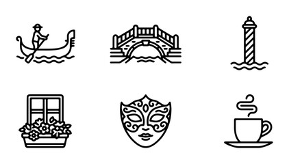 Venice Icons Set: Gondola, Bridge, Mask, Coffee, Window, Lighthouse Vector Graphics © Abbas