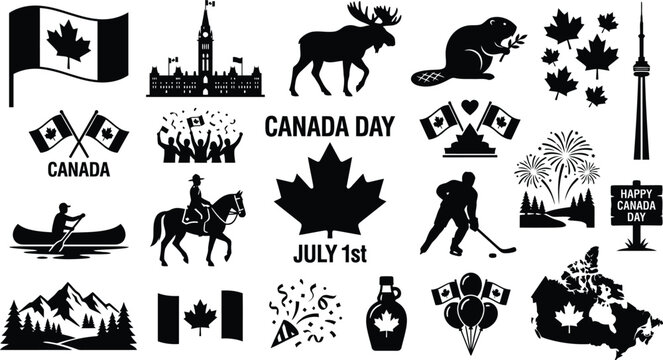 Canada day silhouette collection flags wildlife landmarks and celebratory icons isolated on transparent background
