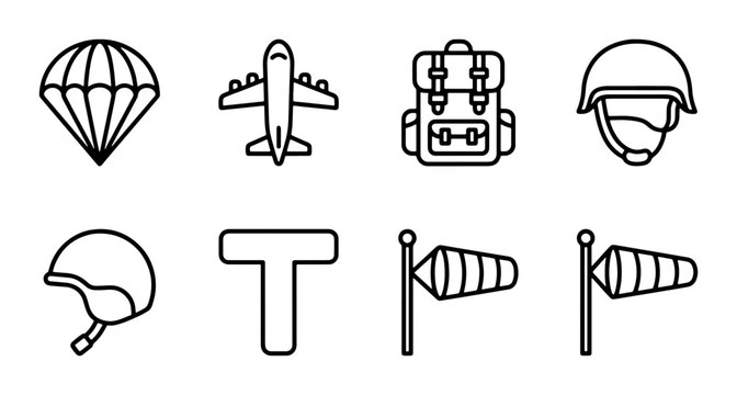 Military and Aviation Icons: Parachute, Airplane, Backpack, Helmets, Wind Sock, Letter T