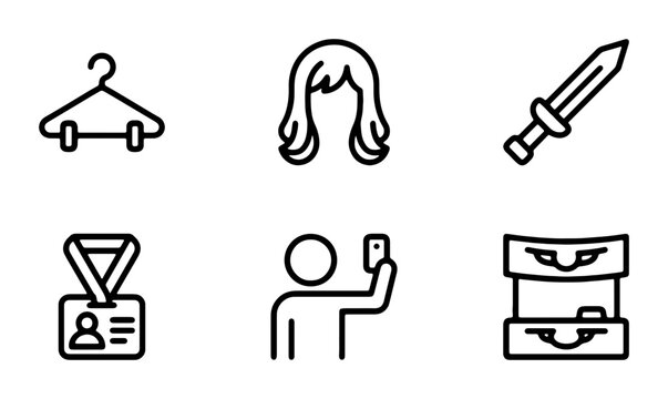 Vector Icons: Hanger, Wig, Sword, ID Badge, Selfie, Luggage Set, Simple Line Art