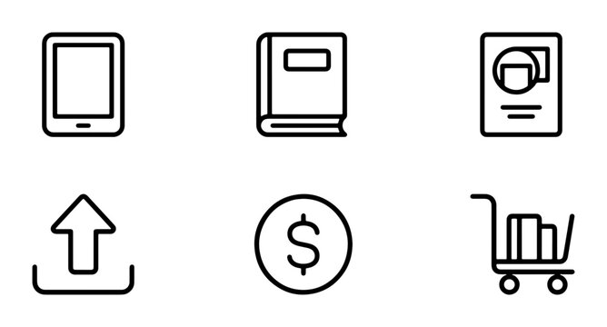 Minimalist Line Icons: Tablet, Book, ID Card, Upload, Coin, Shopping Cart, Vector Set