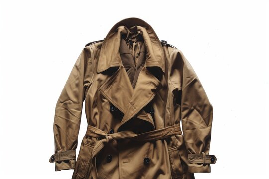 A classic brown trench coat with a belted waist and double-breasted closure is elegantly displayed, showcasing its timeless style and sophisticated design.