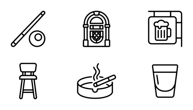 Bar Icons Set: Pool Cue, Jukebox, Beer Sign, Stool, Ashtray, Shot Glass