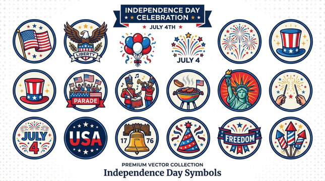 Independence day celebration vector icons july 4th symbols patriotic emblems and festive illustrations