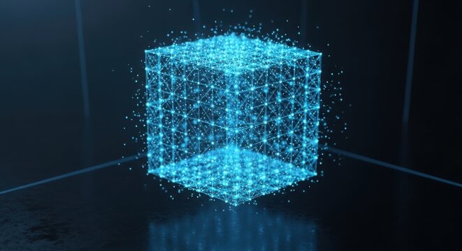 Glowing blue digital cube wireframe on dark background illustration