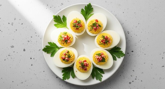 Artfully Arranged Deviled Eggs Appetizer on a White Plate with Parsley Garnish