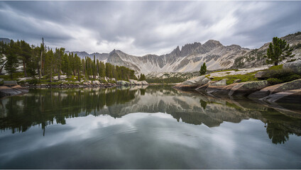 Mountain landscape reflection on a calm alpine lake under cloudy skies © abba
