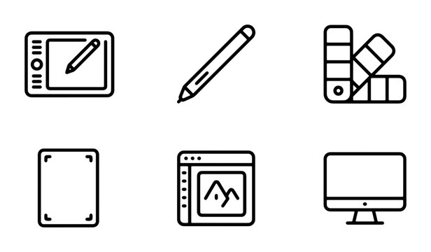 Graphic Design Icons Set: Tablet, Pen, Palette, Monitor, Web Browser, Layout Template