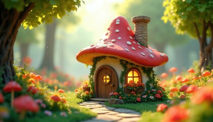 Obraz premium Tiny mushroom house nestled in vibrant forest glade. Cute fairytale home has red cap roof white dots. Warm window light shines through surrounding wildflowers grass.