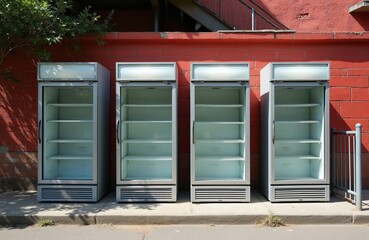Obraz premium Four empty glass-door commercial refrigerators stand outside brick building on sidewalk. Tall white appliances shelves, interior lights. Metal railings visible nearby. Bright daylight shines on