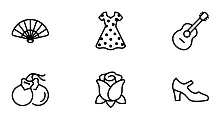 Fototapeta premium Spanish Culture Icons: Flamenco Dress, Guitar, Fan, Castanets, Rose, Shoe
