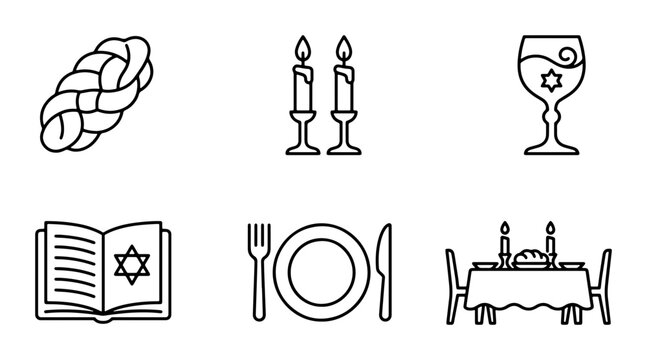 Jewish Holiday Icons: Challah, Candles, Kiddush Cup, Torah, Table Setting, Shabbat Dinner