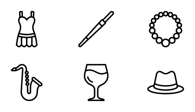Retro Jazz Age Icons: Flapper Dress, Saxophone, Fedora, Cocktail Glass, Necklace, Cigarette Holder
