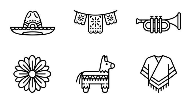Mexican Fiesta Icons: Sombrero, Papel Picado, Trumpet, Flower, Pinata, Poncho Vector Set