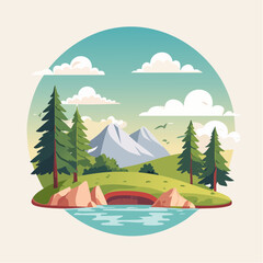 Obraz premium Stylized Landscape with Mountains, Trees, and Water