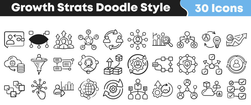 Set of thirty hand drawn business growth strategy doodle icons