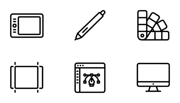 Graphic Design Icons Set: Digital Tablet, Pen, Color Swatch, Crop Tool, Vector Software, Monitor