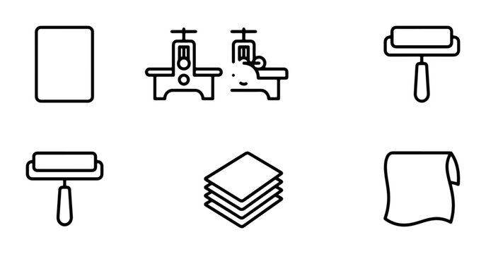 Printing Press Icons, Paper Rolls, and Stacked Sheets Vector Set for Graphic Design