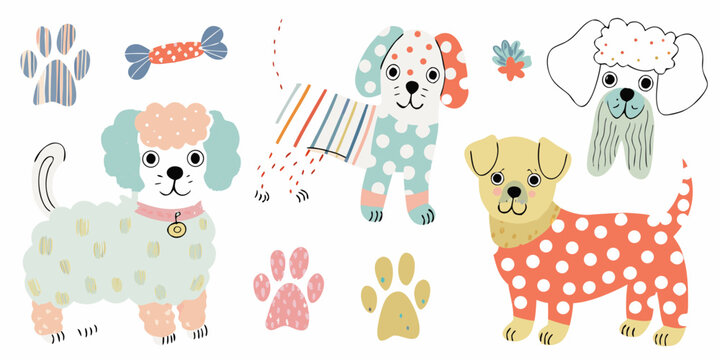 Hand drawn dog breeds illustration with poodle bulldog and dachshund in a playful style