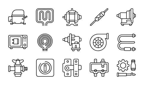 HVAC Parts Icons, Appliance Components Vector Set, Industrial Machine Elements, Electrical Equipment Graphics
