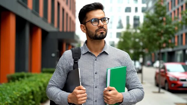 Young Indian man walking confidently in city street with backpack and book.