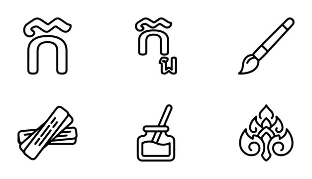 Cambodian Khmer Script Icons, Inkwell, Paintbrush, Traditional Art Elements, Vector Set