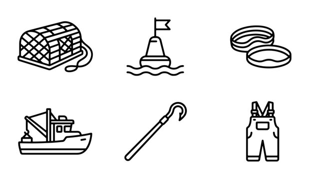 Nautical Fishing Icons: Lobster Trap, Buoy, Boat, Gear, Vector Set for Marine Industry