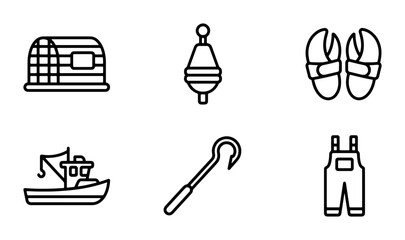 Fototapeta premium Fishing Icons Set: Lobster Trap, Boat, Buoy, Hook, Overalls, Claws Vector Graphics