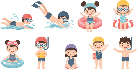 Cute Cartoon Children Swimming Diving and Playing in Water Set with Diverse Kids Characters for Summer Pool Vacation Graphic Designs © MDTaharul