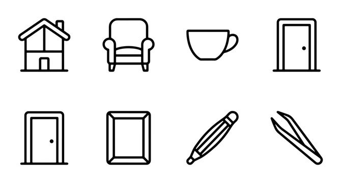 Minimalist Home Icons Set: House, Chair, Cup, Door, Frame, Pencil, Tweezers, Vector Graphics