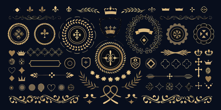 Collection of ornate gold emblems crowns shields and laurel wreaths vector illustration