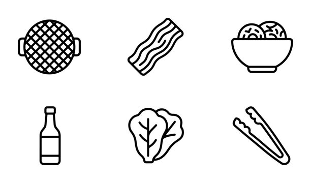 Korean BBQ Icons Set, Grilling Food Vector Graphics, Meatballs, Lettuce, Sauce Bottle, Tongs