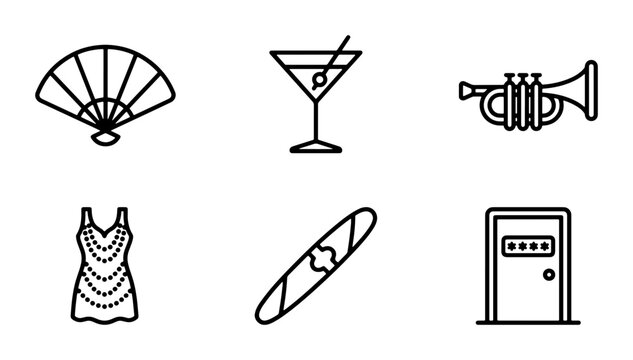Art Deco Icons: Flapper Dress, Martini, Fan, Cigar, Trumpet, Door Icons