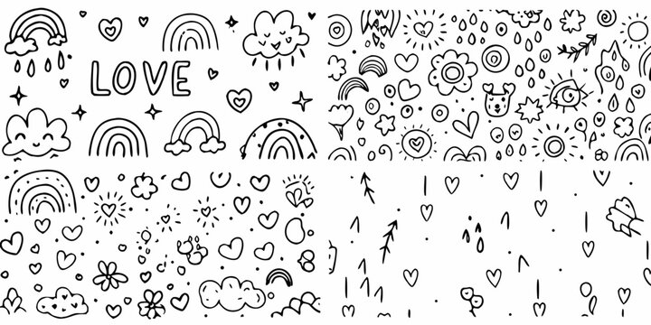 hand drawn doodle pattern with rainbows hearts clouds and the word love on white background