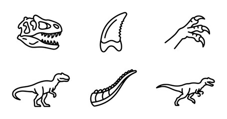 Fototapeta premium Dinosaur Icons Set: Fossil Skulls, Claws, Teeth, and Silhouettes for Paleontology Graphics