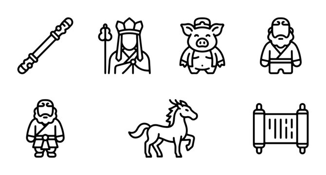 Journey to the West Icons: Monkey King, Pigsy, Sandy, Horse, Staff, Scroll Vector Set