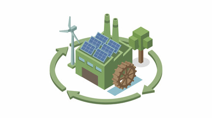 Obraz premium Renewable Energy Factory Isometric Illustration: Solar, Wind, Water Power Cycle