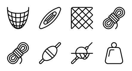 Fishing Gear Icons: Net, Bobbers, Weights, Rope, Kayak Outline Set © Robin