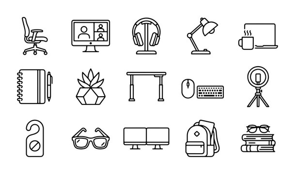 Home Office Icons Set, Remote Work Essentials, Modern Workspace Equipment, Vector Graphics