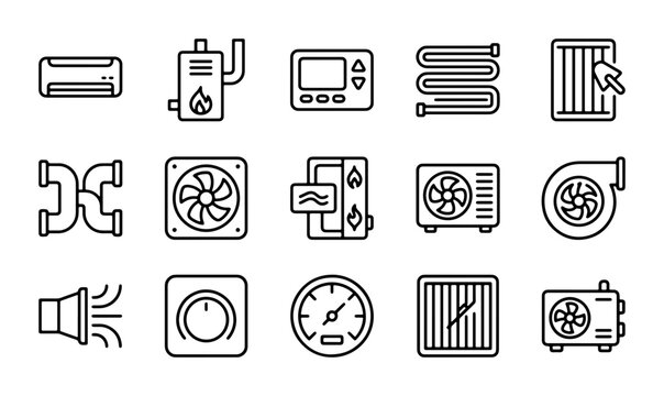 HVAC Icons Set: Climate Control, Heating, Ventilation, Air Conditioning Equipment Vector Graphics