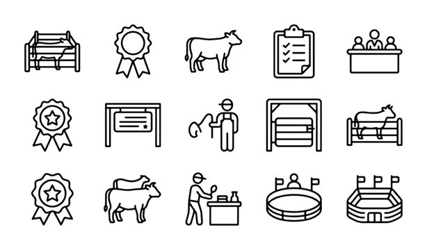 Livestock Show Icons Set, Farm Animal Competition Graphics, Agriculture Event Symbols, 15 Vector Elements