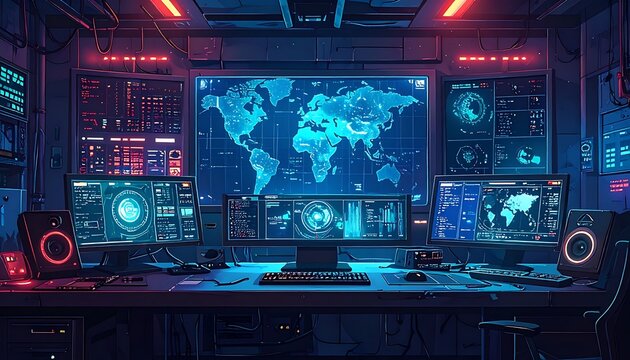 Futuristic control room with world map.