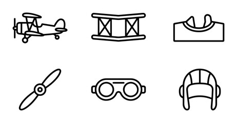 Vintage Biplane, Propeller, Goggles, Helmet, Cockpit Icons Set. Aviation Vector Graphics. © Mamun