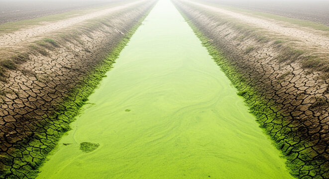Algae bloom in dry cracked irrigation ditch leading to hazy horizon on a foggy day