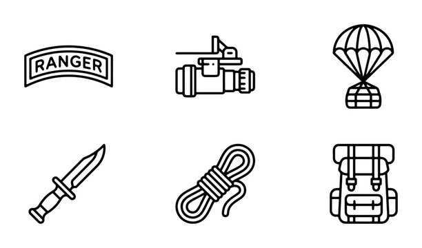Ranger Badge, Military Knife, Parachute, Rope, Backpack, Firearm Sight Icons: Outdoor Adventure & Survival Gear