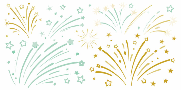 watercolor firework bursts in teal and gold with scattered stars on white background