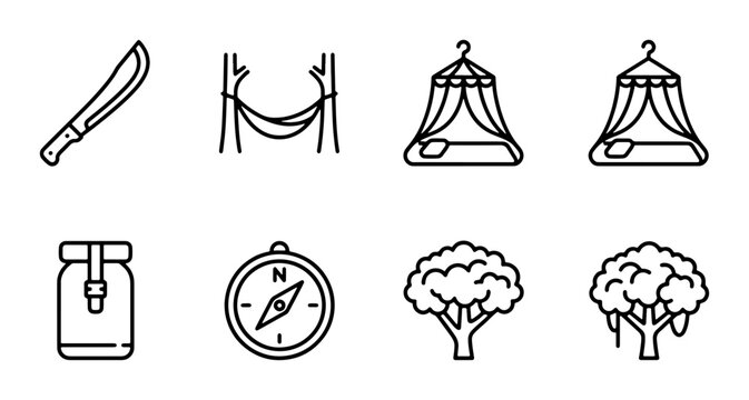 Camping Icons Set: Machete, Hammock, Mosquito Net Tent, Backpack, Compass, Trees